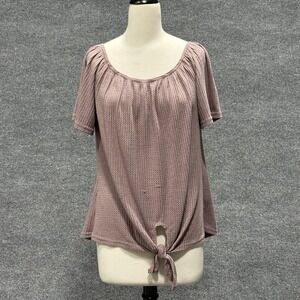 Neineiwu Shirt Womens Large Mauve Waffle Knit Short Sleeve Tie Front Scoop Neck
